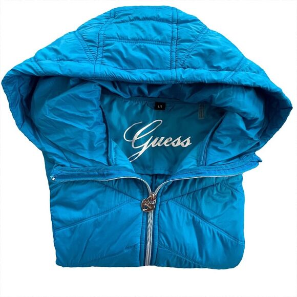 Guess Lightweight Puffer Jacket Coat Sky Blue Packable Travel SZ L - Picture 4 of 14